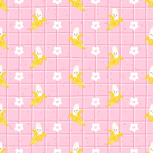 Yüzleri ve çiçek aksanlı şirin muzlar vektörsüz desenli. Ambalaj kağıdı, tekstil ya da meyveli çocuk dekoru için mükemmel..