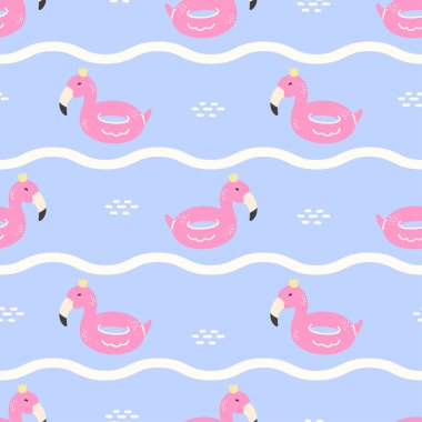 Pembe flamingo havuzlu kusursuz yaz şablonu, tropikal titreşimler ve pastel renkler. Çocuk tekstil ürünleri, ambalaj kağıdı ve eğlenceli tatil tasarımları için mükemmel..