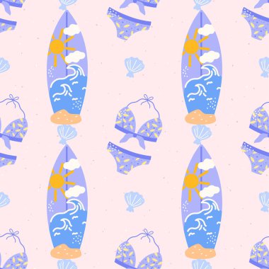 Tatlı sörf tahtaları, tropik plaj titreşimleri içeren kusursuz pastel vektör deseni. Çocuk kıyafetleri, ambalaj kağıtları, yaz temalı tekstil ürünleri için mükemmel..