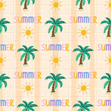 Tropik palmiye, güneş ve yaz atmosferiyle kusursuz bir yaz dönemi. Çocuklar için tekstil, tatil ambalajı, duvar kağıdı ve plaj temalı tasarım için mükemmel..