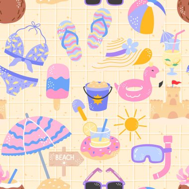 Şişme halkalar, plaj şemsiyeleri, mayo ve şnorkel takımlı vektörsüz pastel yaz şablonu. Çocuklar için el yapımı şirin bir vektör tekstil, ambalaj kağıdı ve güneşli tatil baskıları..