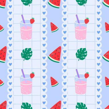 Tropik kokteyller, limonata içecekleri ve karpuz dilimli vektörsüz kawaii deseni. Çocuk kıyafetleri, tekstil ve ambalaj kağıtları için ideal..
