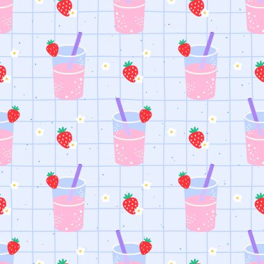 Kawaii limonatalı, kokteylli, çilekli. Çocuk kıyafetleri, kumaş baskıları ve ambalaj kağıtları için ideal..