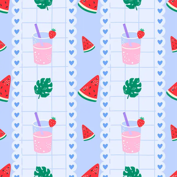 Tropik kokteyller, limonata içecekleri ve karpuz dilimli vektörsüz kawaii deseni. Çocuk kıyafetleri, tekstil ve ambalaj kağıtları için ideal..