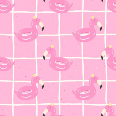 Yumuşak pastel tonlarda pembe flamingo şişirilebilen kusursuz kawaii deseni, çocuk kıyafetleri, kumaş ve ambalaj kağıdı için mükemmel vektör..