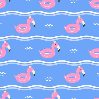 Pembe flamingo havuzlu kusursuz yaz şablonu, tropikal titreşimler ve pastel renkler. Çocuk tekstil ürünleri, ambalaj kağıdı ve eğlenceli tatil tasarımları için mükemmel..