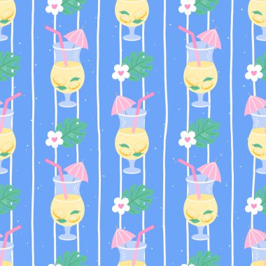 Kawaii limonatalı, kokteylli, kusursuz yaz şablonu. Çocuk kıyafetleri, kumaş baskıları ve ambalaj kağıtları için ideal..
