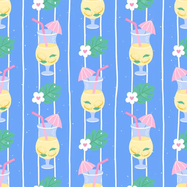 Kawaii limonatalı, kokteylli, kusursuz yaz şablonu. Çocuk kıyafetleri, kumaş baskıları ve ambalaj kağıtları için ideal..