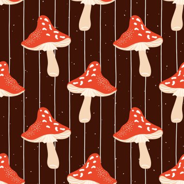 Sinek mantarlı kusursuz vektör deseni. Sonbahar tekstil ürünleri, ambalaj kağıtları ve çocuk kıyafetleri için el yapımı rahat bir tasarım..