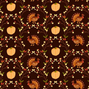 Balkabakları, hindileri ve sonbahar yaprakları sıcak sonbahar renklerinde kusursuz vektör deseni. Şükran Günü tekstil ürünleri, ambalaj kağıdı ve mevsimlik dekorasyon için ideal..