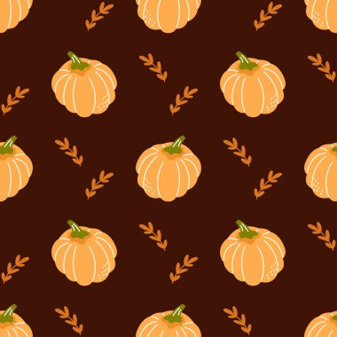 Kabaklı, sonbahar yapraklı ve yapraklı kusursuz vektör deseni. Tekstil ürünleri, ambalaj kağıtları ve çocuk kıyafetleri için rahat tasarım.