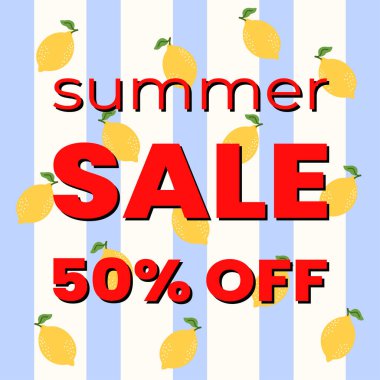 Parlak yaz satışı vektörü, kalın 50 off metin ve taze limon. Mevsimlik promosyonlar, afişler ve perakende reklamlar için mükemmel.