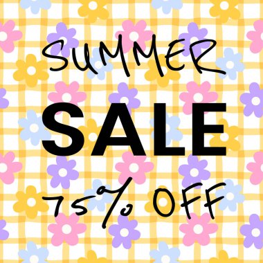 75 kapalı metin ve çiçekli parlak yaz satışı vektörü. Mevsimlik promosyonlar, afişler ve perakende reklamlar için mükemmel..