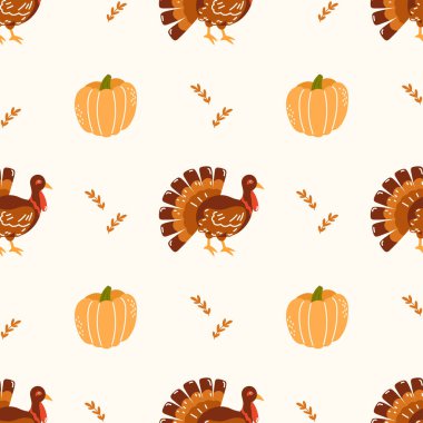 Balkabakları, hindileri ve sonbahar yaprakları sıcak sonbahar renklerinde kusursuz vektör deseni. Şükran Günü tekstil ürünleri, ambalaj kağıdı ve mevsimlik dekorasyon için ideal..