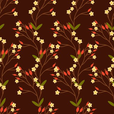 Kurumuş çiçekli, yapraklı, kızılcıklı kusursuz sonbahar vektör deseni. Mevsimlik kumaş, ambalaj kağıdı, Şükran Günü tekstili ve ev dekorasyonu için rahat tasarım..