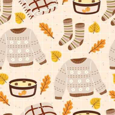 Sade süveterler, çoraplar ve sonbahar yaprakları içeren kusursuz vektör deseni. Sıcak mevsimlik tekstil, ambalaj kağıdı ve çocuk kıyafetleri için el yapımı tasarım ideal..