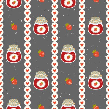 Doğal çilek reçel kavanozları ile vektörsüz desen. Gıda ambalajı, konforlu mutfak tekstili, ambalaj kağıdı ve sonbahar tasarımları için mükemmel..