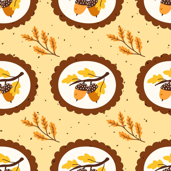 Seamless autumn vector pattern with acorns, oak leaves, and warm forest tones. Ideal for seasonal textiles, wrapping paper, and cozy fall designs.