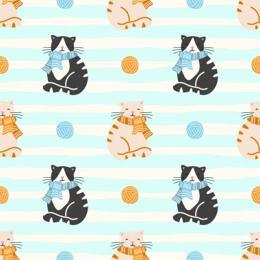 Yavru kedilerle, ipliklerle ve rahat elementlerle kusursuz bir model. Sıcak kawaii tasarımı bebek odası duvar kağıdı, tekstil ve çocuk ürünleri için mükemmel..