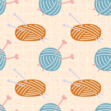 Renkli iplik topları, rahat sonbahar tonlarında örgü iğneleri içeren pürüzsüz desenler. El yapımı vektör tasarımı tekstil, ambalaj kağıdı ve çocuk kıyafetleri için mükemmeldir..