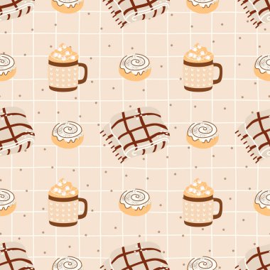 Battaniyeli, tarçınlı, kakao ve çay gibi sıcak içeceklerle sade sonbahar şablonu. Tekstil, ambalaj kağıdı ve çocuk mevsimlik kıyafetleri için mükemmel bir el yapımı vektör..