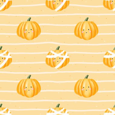 Kawaii kabakları ve Cadılar Bayramı detaylarıyla kusursuz suluboya deseni. Şenlikli tekstil ürünleri, çocuk ürünleri ve sonbahar ambalaj kağıtları için mükemmel..