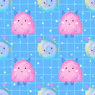 Kusursuz suluboya desenli tüylü pastel canavarlar, sevimli boynuzlar ve ürkütücü Cadılar Bayramı cazibesi. Çocuk ürünleri, neşeli tekstil ürünleri ve mevsimlik ambalaj kağıtları için mükemmel..