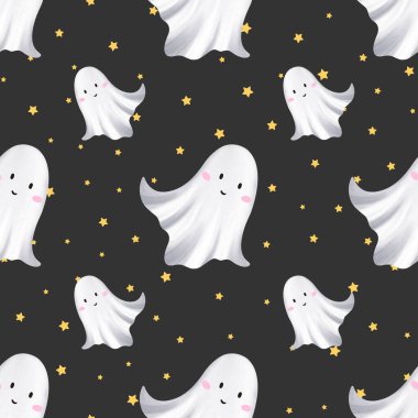 Kawaii cadılar bayramı hayaletleri kusursuz suluboya desenler çiziyor. Tekstil, duvar kâğıdı ve Ekim kutlamaları için el yapımı tasarım ideal.