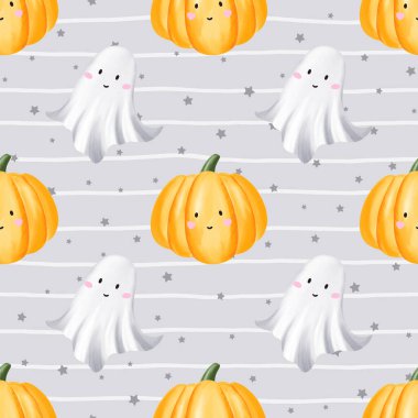 Kawai hayaletleri ve balkabaklarıyla şirin, kusursuz bir Cadılar Bayramı deseni. Kağıt, kumaş ve şenlik arka planlar için el yapımı suluboya tarzı ideal.