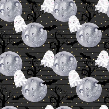 Suluboya desensiz Kawaii hayaletleri ve parlayan uydular rüya gibi bir Cadılar Bayramı sahnesi yaratır. Şenlikli kumaş, duvar kağıdı ve çocuk tasarımları için mükemmel..