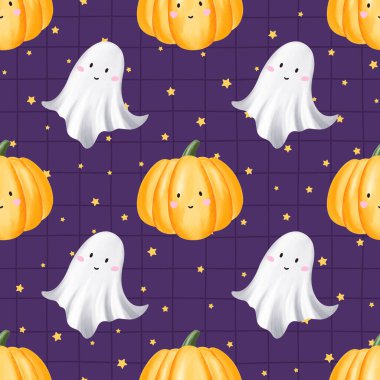 Kawai hayaletleri ve balkabaklarıyla şirin, kusursuz bir Cadılar Bayramı deseni. Kağıt, kumaş ve şenlik arka planlar için el yapımı suluboya tarzı ideal.