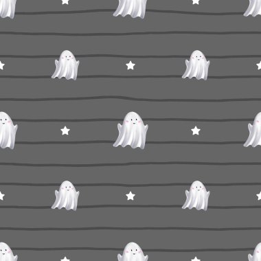 Kawaii cadılar bayramı hayaletleri kusursuz suluboya desenler çiziyor. Tekstil, duvar kâğıdı ve Ekim kutlamaları için el yapımı tasarım ideal.