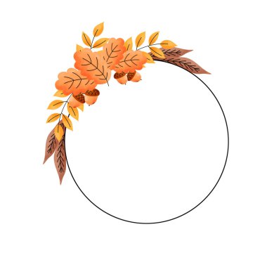 Mevsimlik yapraklar ve yapraklar içeren suluboya sonbahar çelenkleri ve çerçeveleri. Sonbahar promosyonları, Şükran Günü kartları ve sonbahar pankartları için mükemmel..