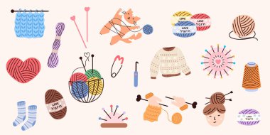 İplik topları, iğneler, iğneler, iğneler, çoraplar ve süveterle örülü örgü çizimi. Renkli el çizimi Clipart, DIY için mükemmel, el işi projeler, hobi temalı tasarımlar, sonbahar ve rahat yaşam tarzı görselleri.
