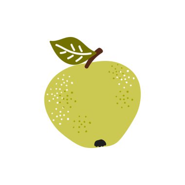 Yapraklı taze yeşil elmanın vektör çizimi. Mevsimsel temalardaki refahı, besinleri ve organik üretimi destekleyen tasarımlar için mükemmel..