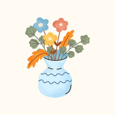 Vazoda yapraklar ve çiçekler olan sıcacık bir sonbahar buketinin suluboya vektör çizimi. Mevsimlik dekorasyon, zarif davetiyeler, sonbahar kartları ve kırsal ev tasarımları için mükemmel..