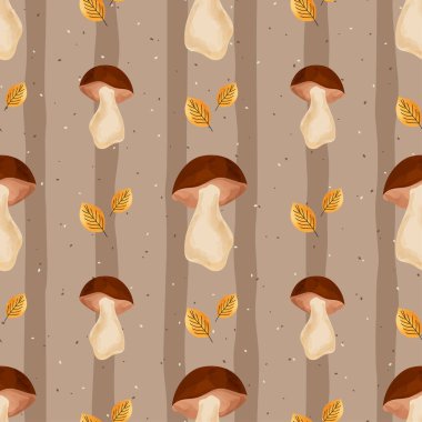 Sonbahar hasadı mantarları, yapraklar ve orman dokularıyla suluboya desenli vektör. Cadılar Bayramı, Şükran Günü, ambalaj kağıdı, kumaş ve duvar kağıdı için ideal..