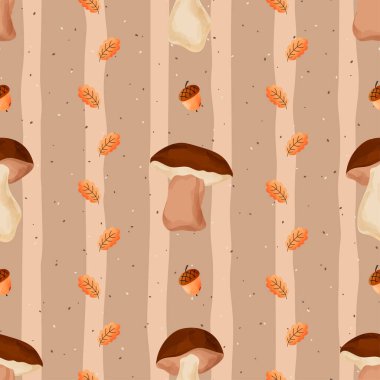 Sonbahar hasadı mantarları, yapraklar ve orman dokularıyla suluboya desenli vektör. Cadılar Bayramı, Şükran Günü, ambalaj kağıdı, kumaş ve duvar kağıdı için ideal..