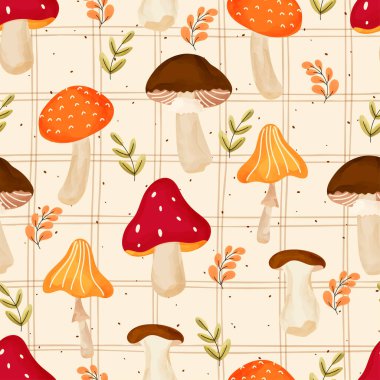 Mantar, yaprak ve şükran günü öğeleriyle elle çizilmiş kusursuz sonbahar kompozisyonu. Cadılar Bayramı, Şükran Günü, mevsimlik tekstil ve çocuk ürünleri için mükemmel..