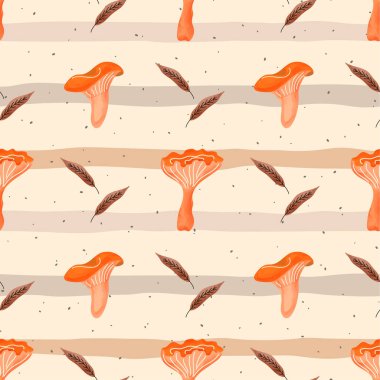 Mantar, yaprak ve şükran günü öğeleriyle elle çizilmiş kusursuz sonbahar kompozisyonu. Cadılar Bayramı, Şükran Günü, mevsimlik tekstil ve çocuk ürünleri için mükemmel..