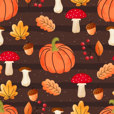 Kabaklı, mantarlı, sonbahar yapraklı kusursuz sulu boya deseni. Cadılar Bayramı, Şükran Günü, mevsimlik tekstil ve çocuk ürünleri için mükemmel..