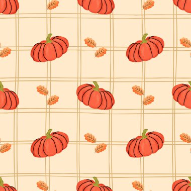 Suluboya vektör desensiz, sıcacık sonbahar yaprakları, balkabakları ve orman bitkilerinin sıcak tonlarında. Cadılar Bayramı, Şükran Günü, ambalaj kağıdı, kumaş ve duvar kağıdı için ideal..