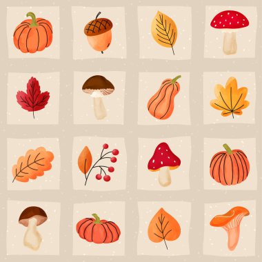 Kabaklı, mantarlı, sonbahar yapraklı kusursuz sulu boya deseni. Cadılar Bayramı, Şükran Günü, mevsimlik tekstil ve çocuk ürünleri için mükemmel..