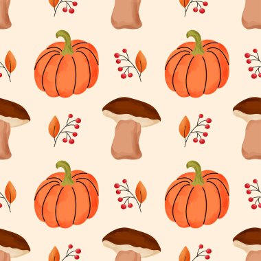 Kabaklı, mantarlı, sonbahar yapraklı kusursuz sulu boya deseni. Cadılar Bayramı, Şükran Günü, mevsimlik tekstil ve çocuk ürünleri için mükemmel..