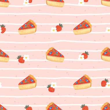 Peynirli kek dilimleri ve hafif arkaplanda taze böğürtlen içeren kusursuz vektör deseni. Parlak ve lezzetli tasarım, tatlı paketleme, mutfak tekstili ve kafe dekorasyonu için mükemmel..