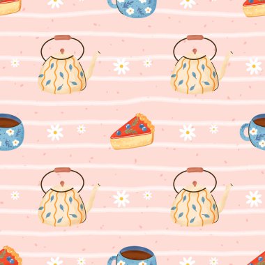 Çaydanlık, çay fincanı ve bardaklarla kusursuz suluboya vektör deseni, kaliteli kumaş, duvar kağıdı ve ambalaj kağıdı için mükemmel..