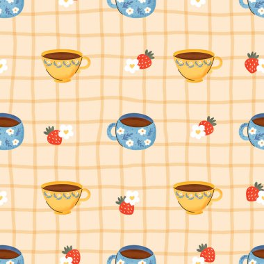Çaydanlık, çay fincanı ve bardaklarla kusursuz suluboya vektör deseni, kaliteli kumaş, duvar kağıdı ve ambalaj kağıdı için mükemmel..