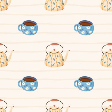 Çaydanlık, çay fincanı ve bardaklarla kusursuz suluboya vektör deseni, kaliteli kumaş, duvar kağıdı ve ambalaj kağıdı için mükemmel..