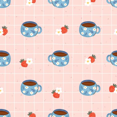 Çaydanlık, çay fincanı ve bardaklarla kusursuz suluboya vektör deseni, kaliteli kumaş, duvar kağıdı ve ambalaj kağıdı için mükemmel..