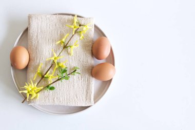 Closeup of yellow blooming Forsythia flowers, earthenware plate, beige napkin, and egg. Floral composition, feminine styled stock image. Selective focus a place for your text.